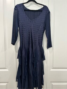 Komarov Navy Textured V-Neck Ruffle Midi Dress